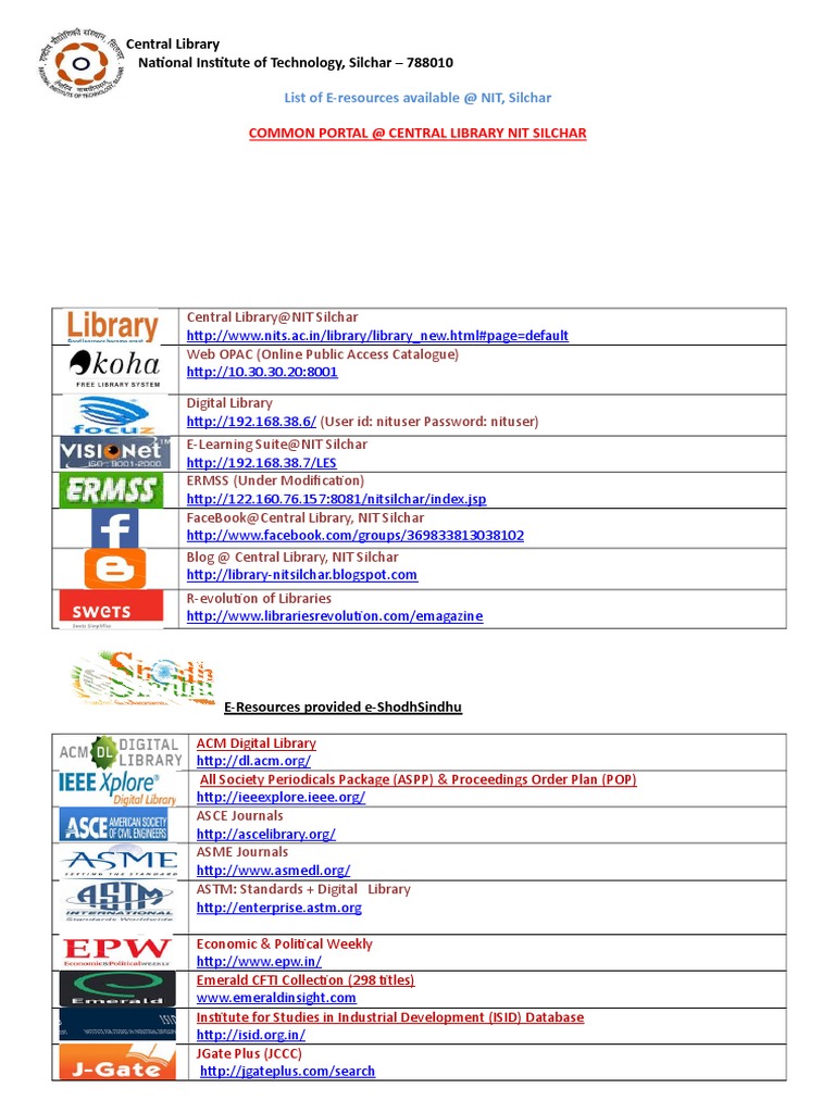 NIT Silchar Central Library Resources | PDF