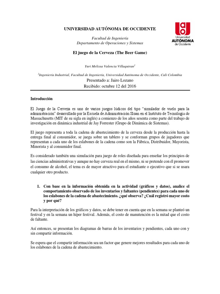 El Juego de La Cerveza (The Beer Game) PDF Inventario Science