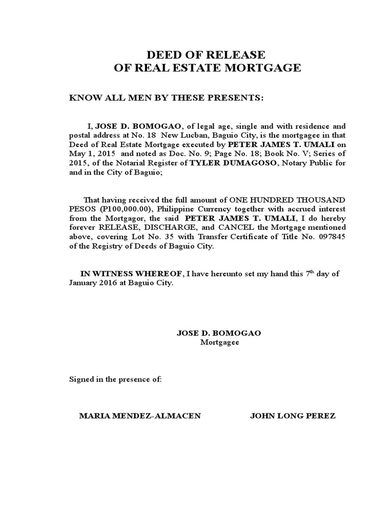 Deed of Release of Rem PDF Mortgage Law Land Law