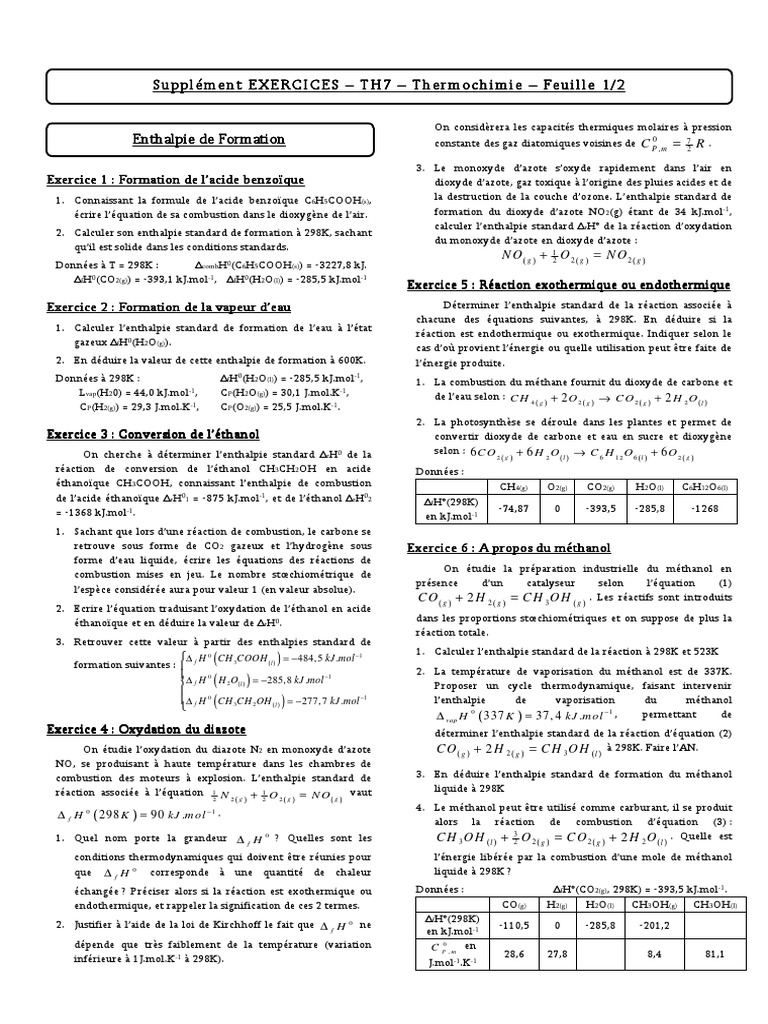 Enthalpie de Formation et Exercices | PDF | Enthalpie | Monoxyde de carbone