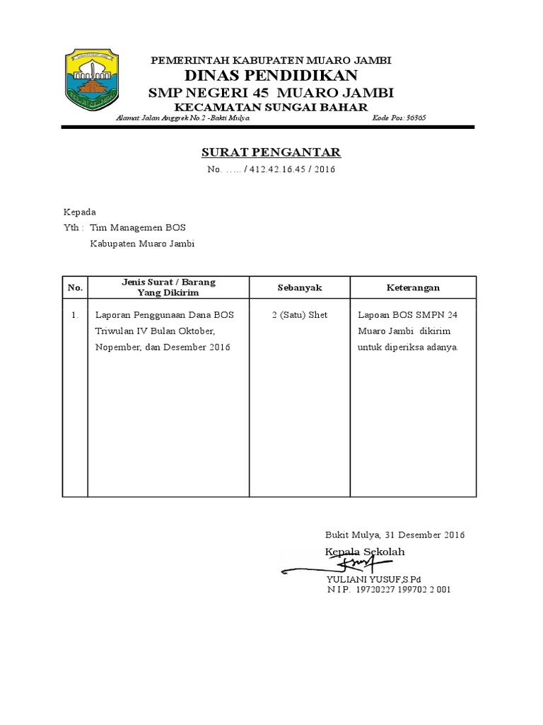 Surat Pengantar Laporan Penggunaan Dana Bos