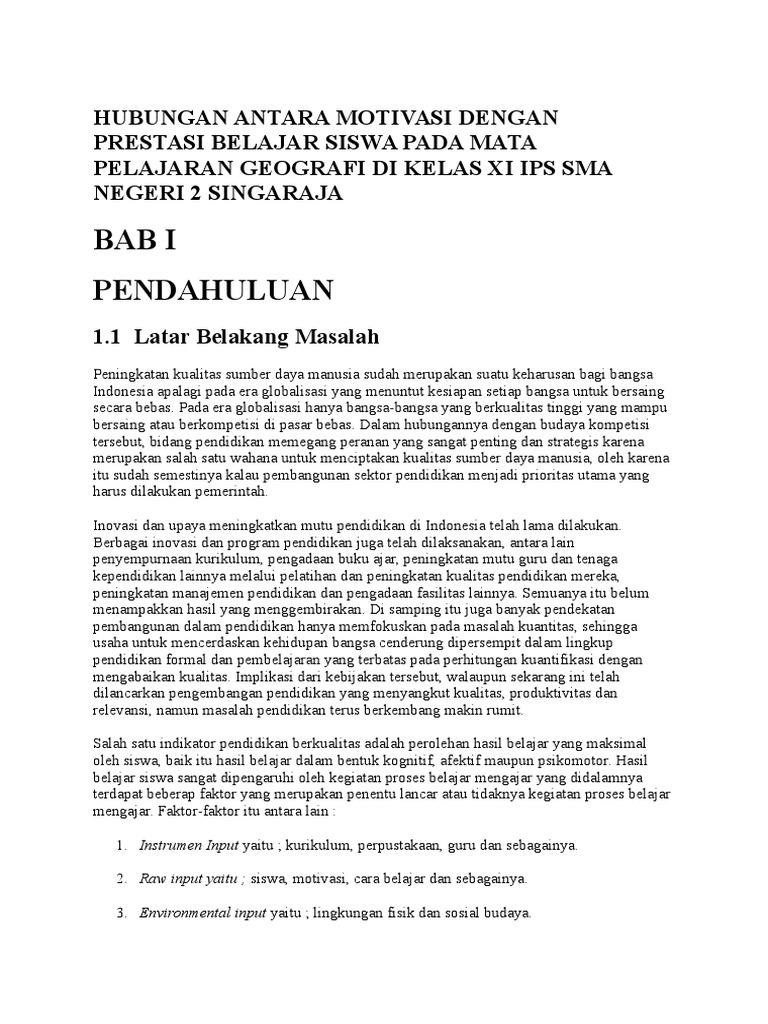 Hubungan Antara Motivasi Dengan Prestasi Belajar Siswa Pada Mata