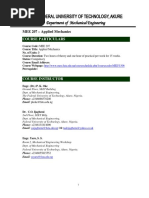 MEE 207 - Applied Mechanics: Course Particulars