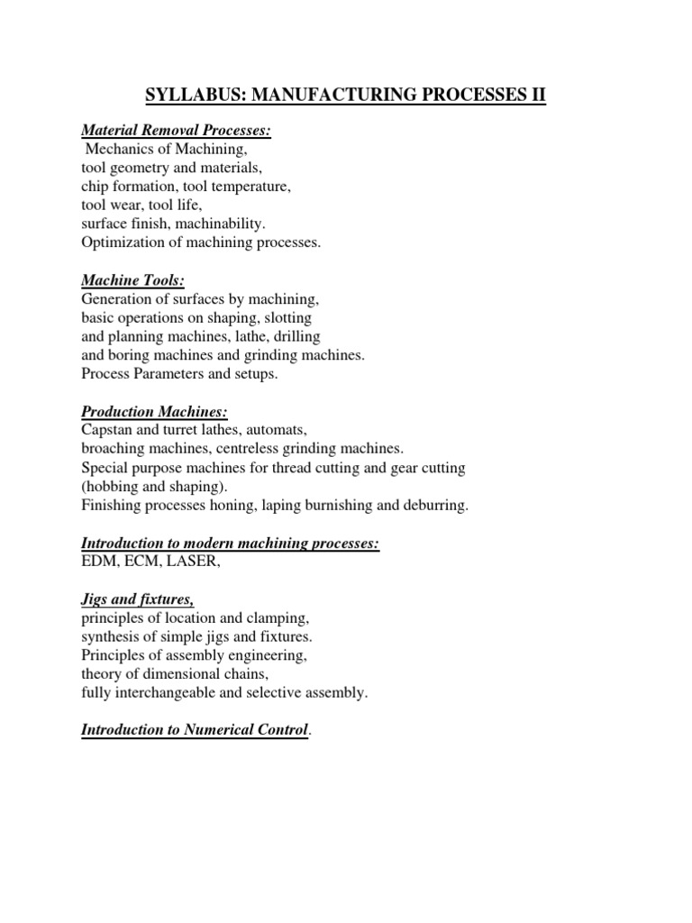 Manufacturing Processes II Syllabus | PDF
