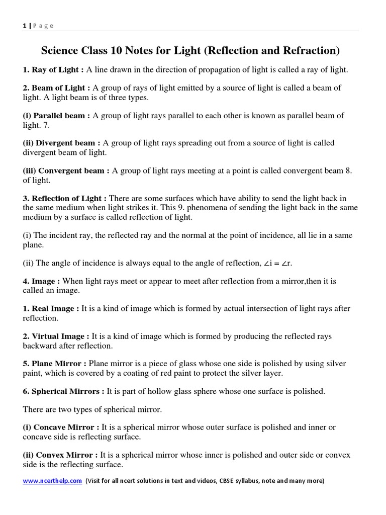 Science Notes For Class 10 Chapter 10 Light Reflection And Refraction