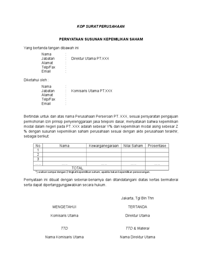Pernyataan Susunan Kepemilikan Saham