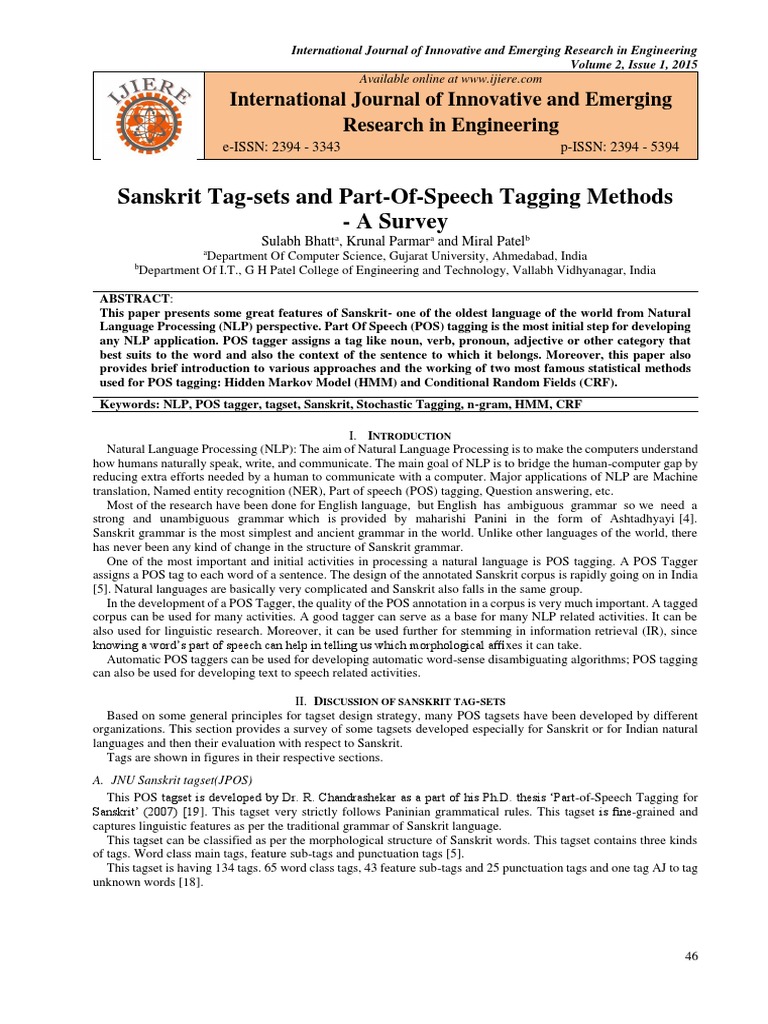 Sanskrit Tag Sets and Part of Speech Tagging Methods A Survey PDF | PDF ...
