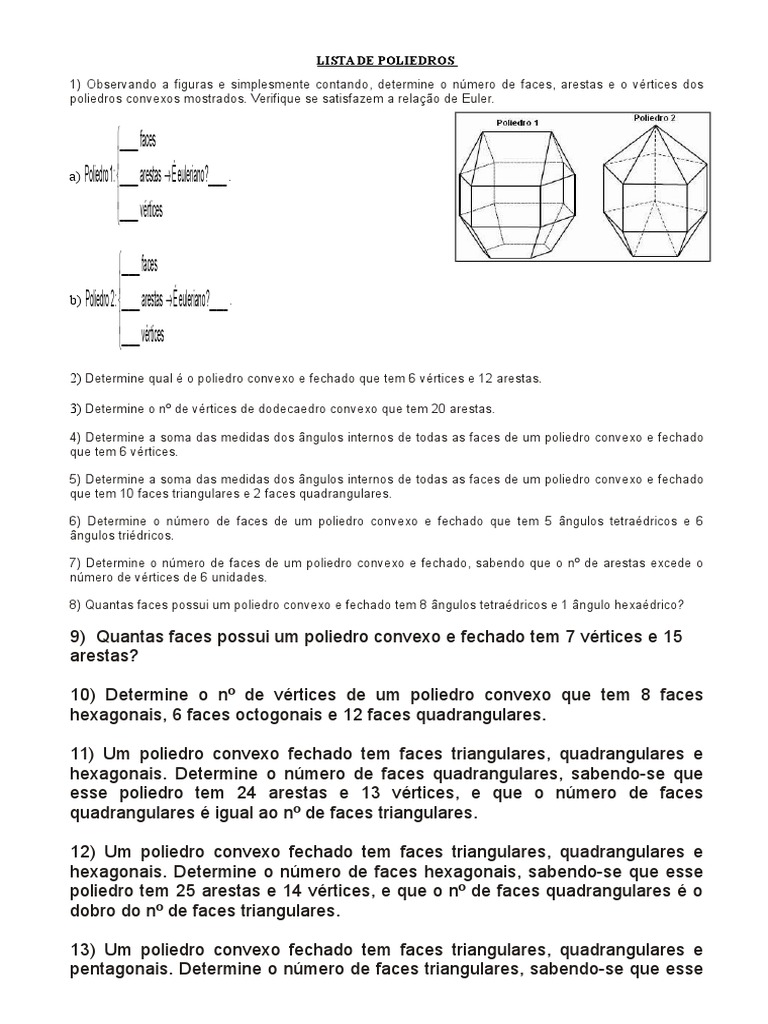 Exercícios sobre Poliedros Convexos | PDF | Vértice (teoria dos ...