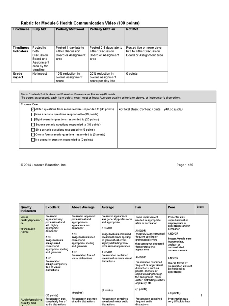 Rubric For Module 6 Health Communication Video (100 Points) | PDF ...