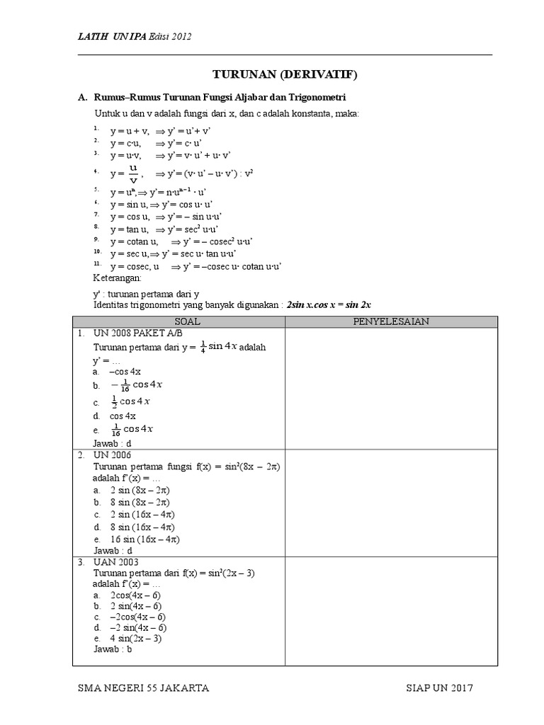 Soal TurunanTrigonometriSiap UN 2017 PDF