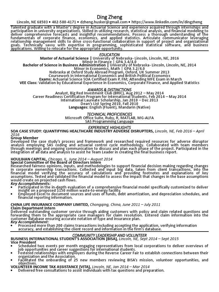 Entry Level Actuarial Analyst in New York Resume Ding