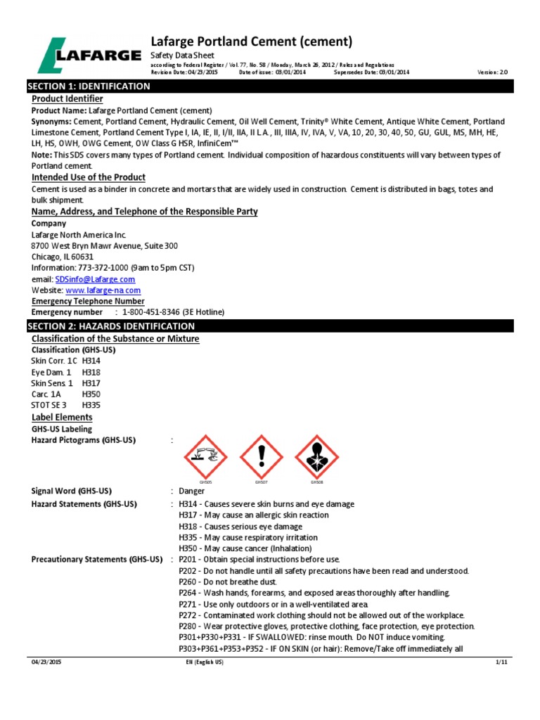 Msds 4 Cement Lafarge Dermatitis Chronic Obstructive Pulmonary Disease