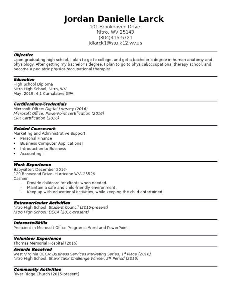 Jordan Danielle Larck 101 Brookhaven Drive Nitro, WV 25143 (304) 415