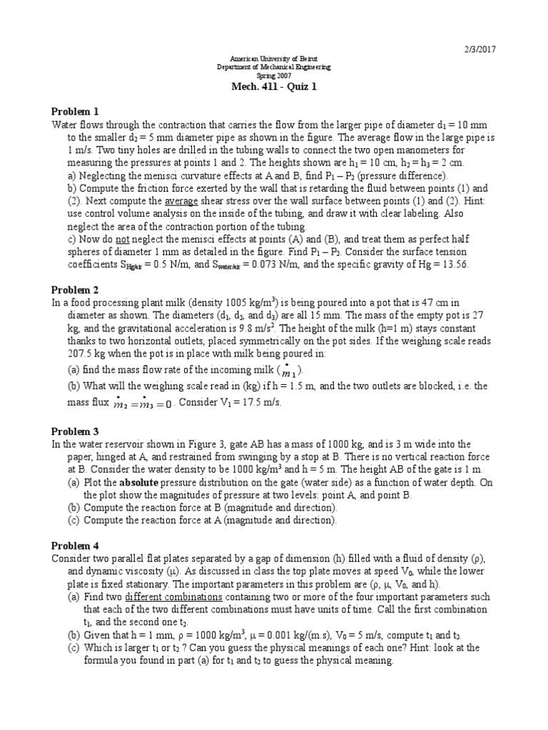 Fluid Mechanics Quiz Problems | PDF | Pressure | Pressure Measurement