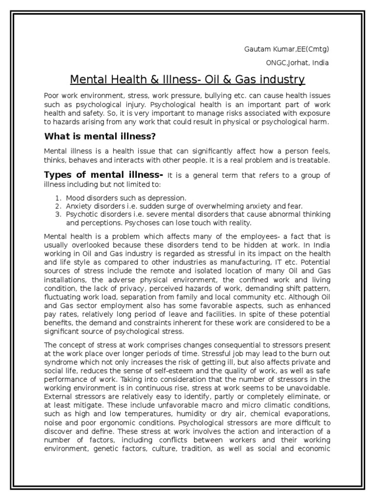 Menall Illness in Oil and Gas Industry PDF Stress (Biology