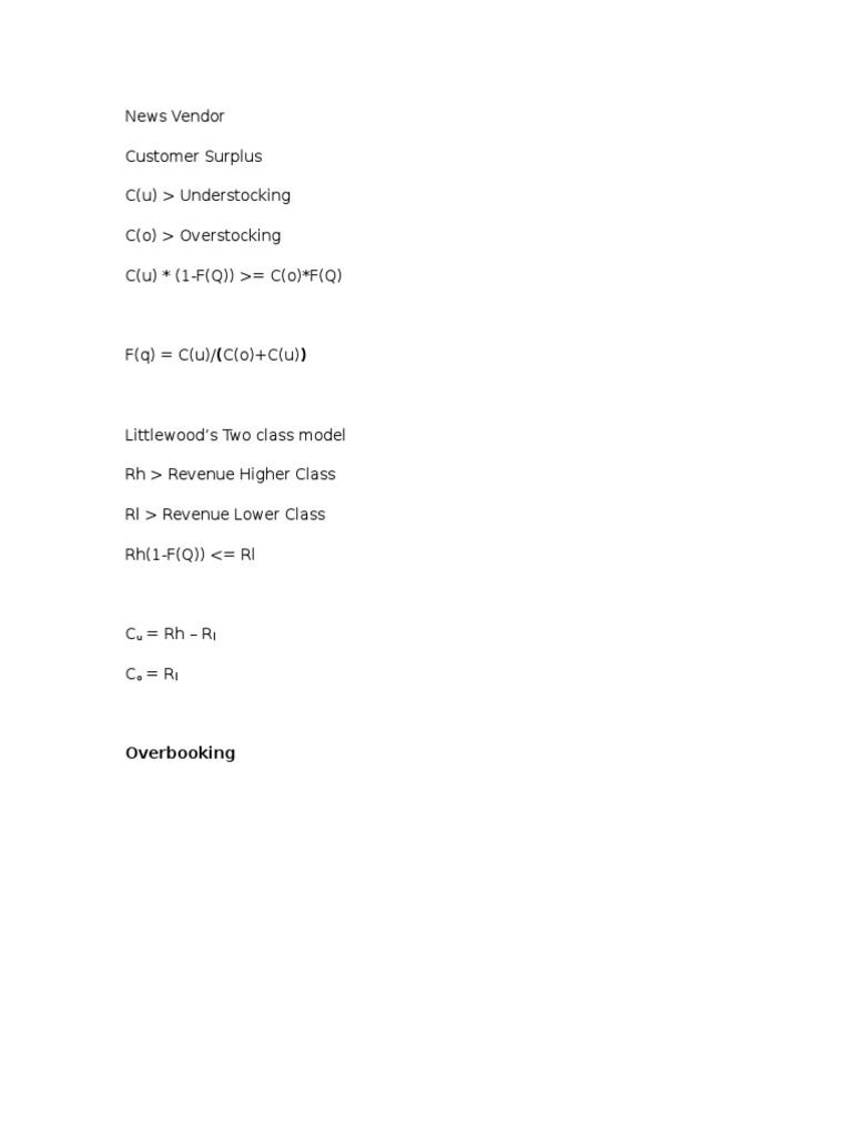 News Vendor Customer Surplus C (U) Understocking C (O) Overstocking C ...