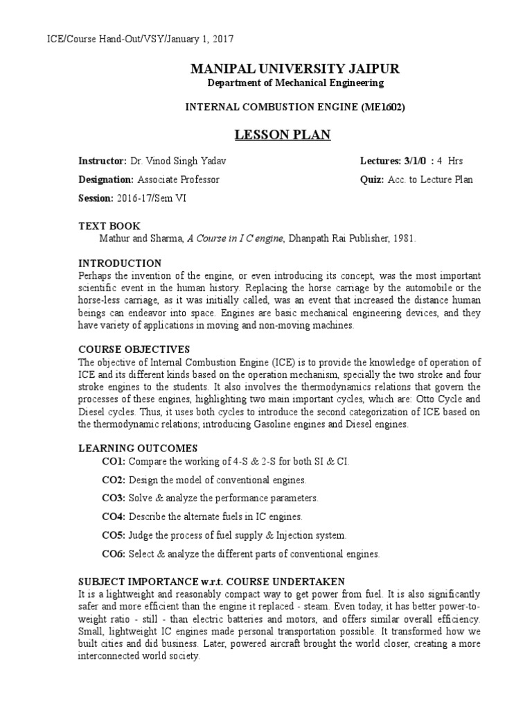 I.C. Engine (Lesson Plan) PDF Internal Combustion Engine Diesel