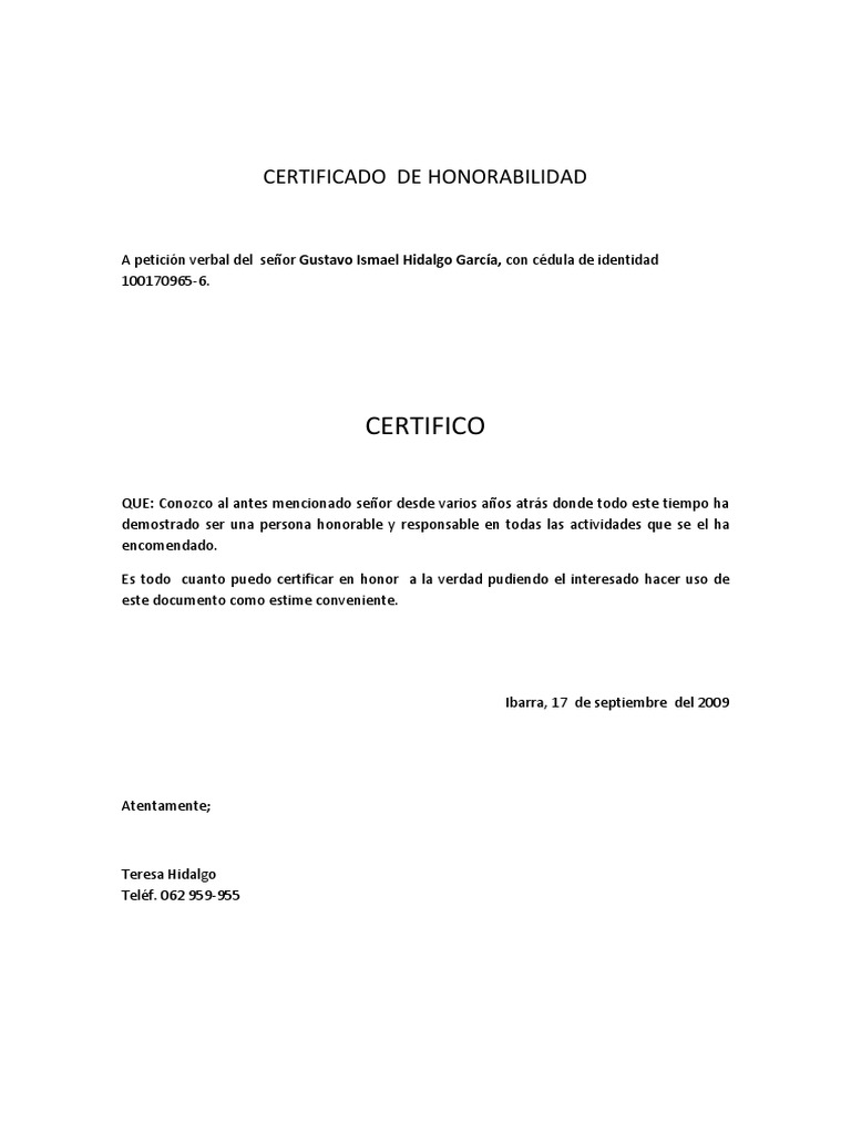 CERTIFICADO DE HONORABILIDAD