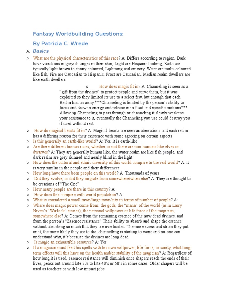 Fantasy Worldbuilding Questions: by Patricia C. Wrede: Basics | PDF ...