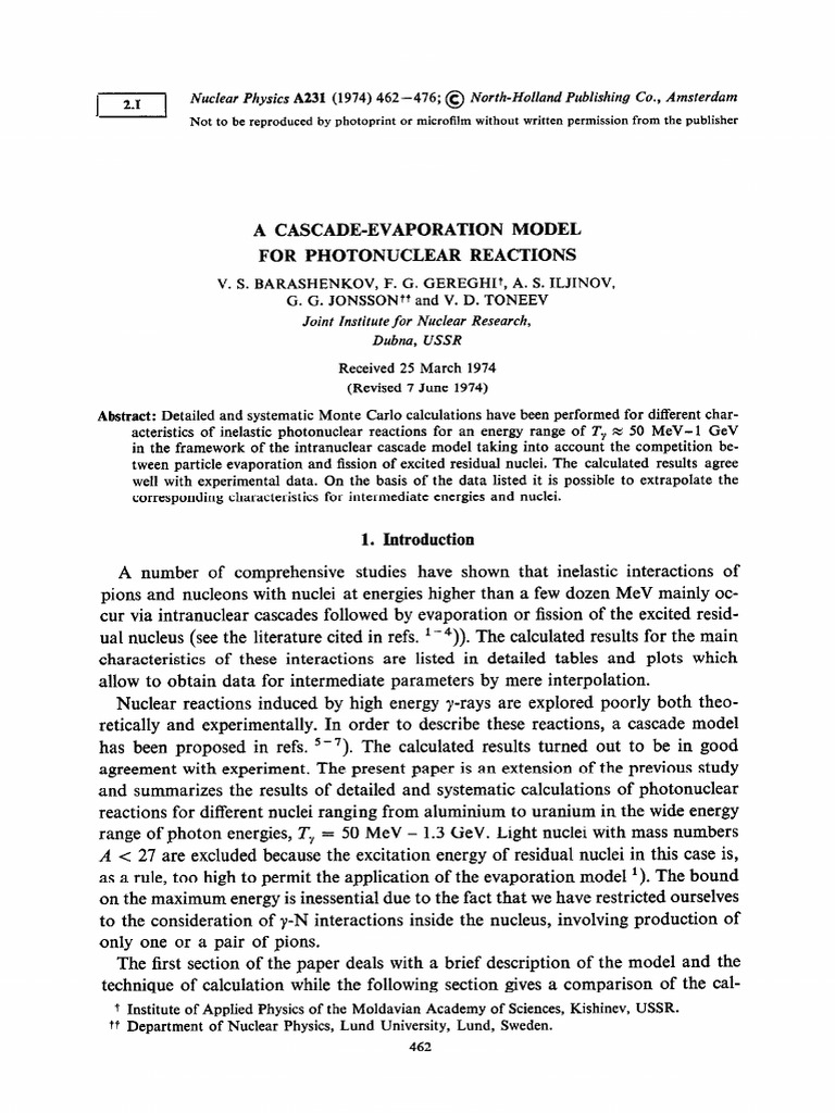 Cascade Evaporation Model PDF Nuclear Reaction Atomic Nucleus