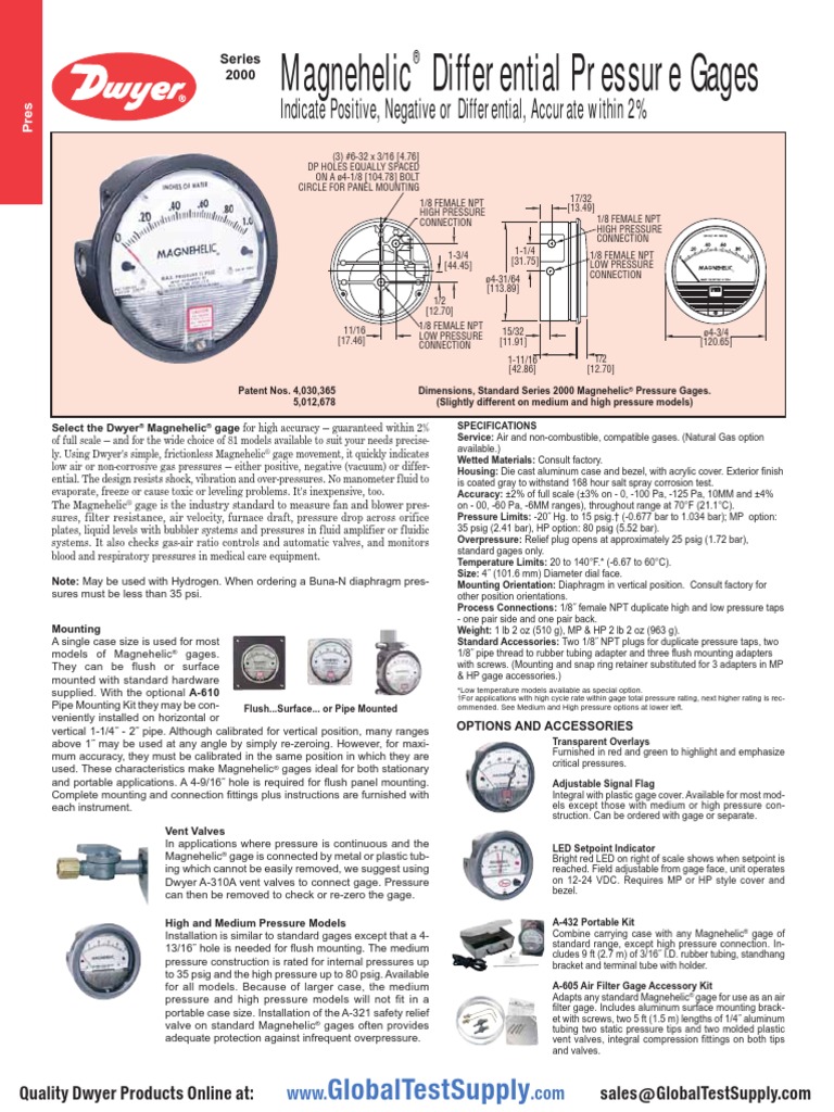 Dwyer 2300 250pa Pressure Gauge Datasheet PDF Pressure Measurement