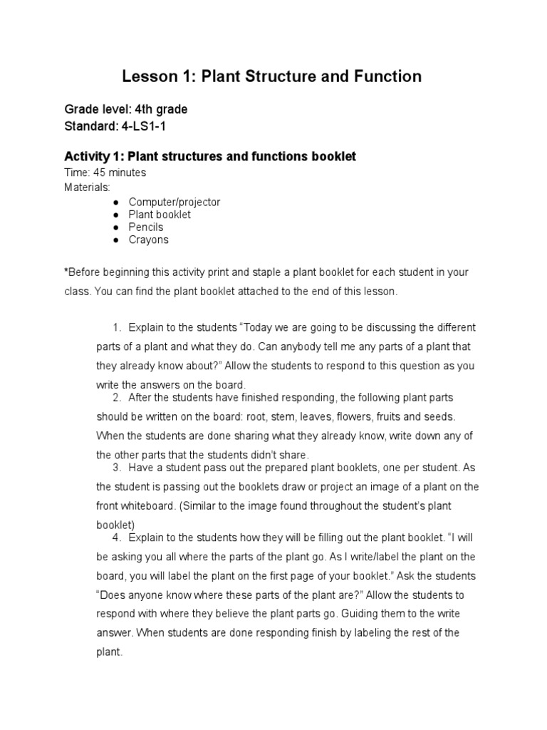 Lesson 1 Plant Structure and Function Grade Level 4th Grade Standard