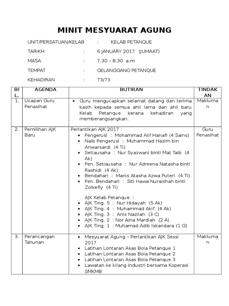 Minit Mesyuarat Agung Kelab/Persatuan/Unit Uniform/Permainan  PDF