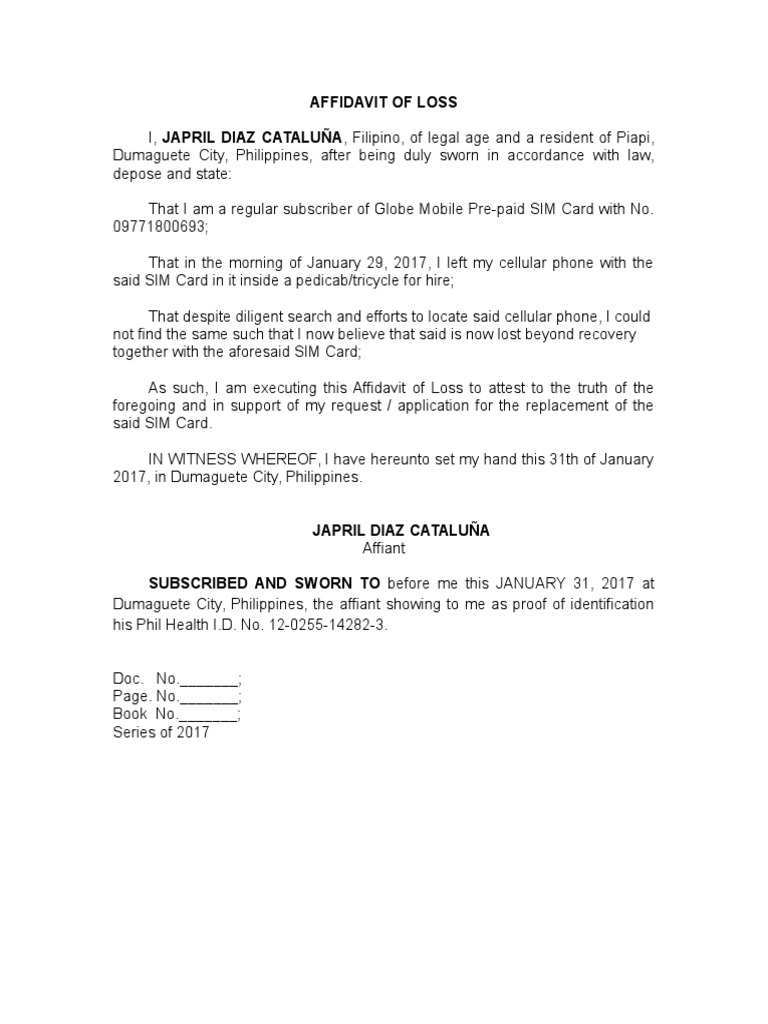 Affidavit of Loss Sim Card