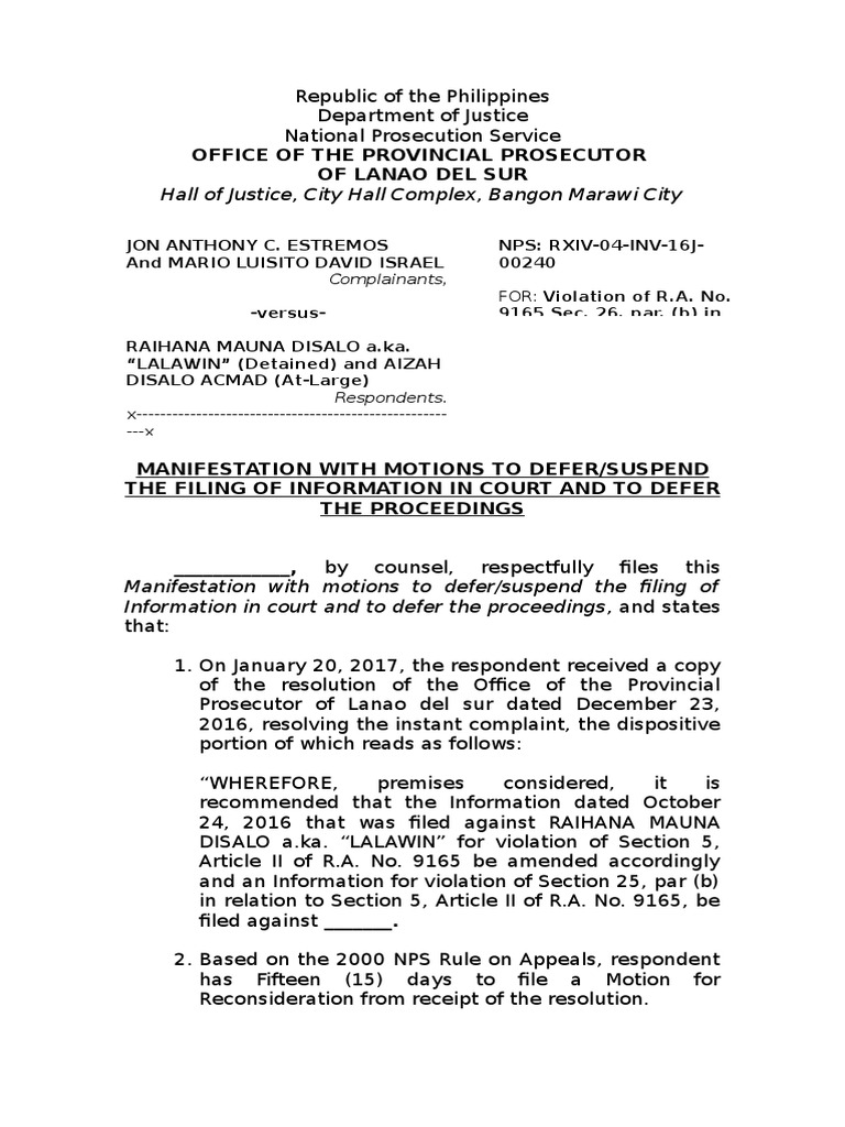 Manifestation and Motion To Suspend PDF Legal Procedure United States Law