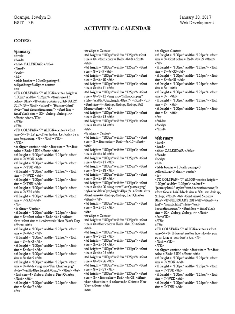 HTML Calendar Codes PDF Nature