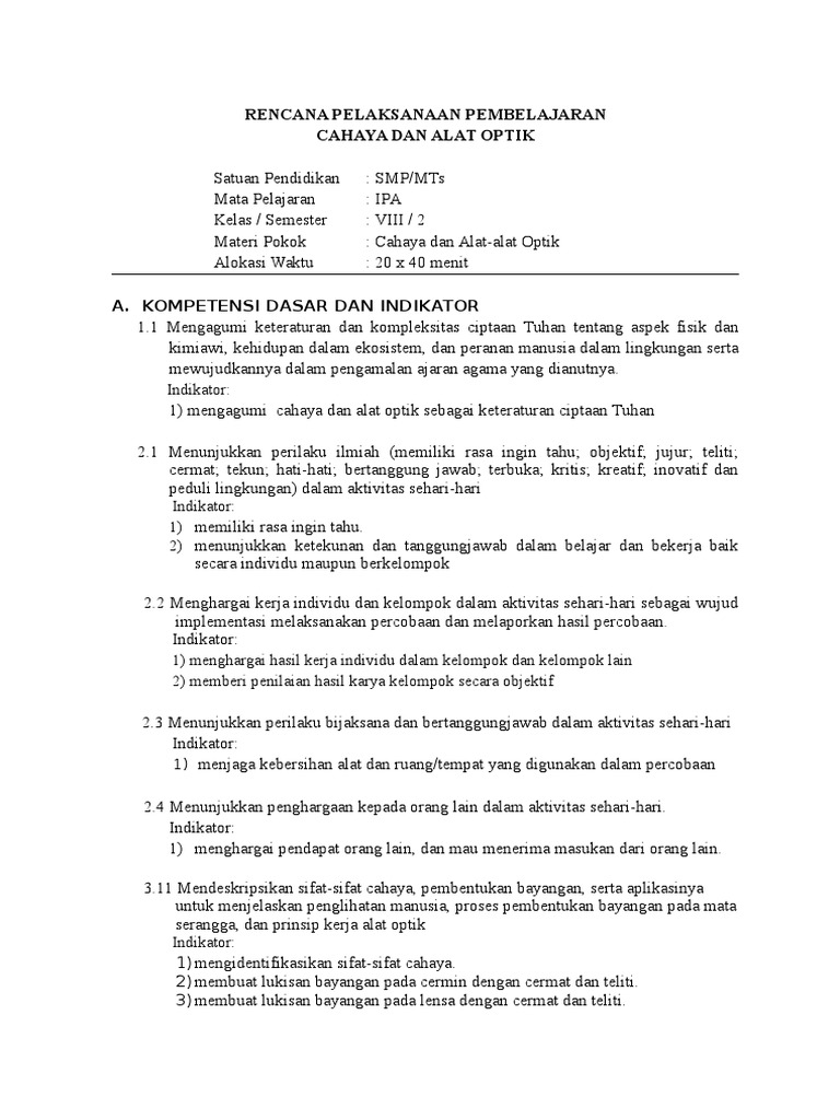 Rpp Viii Bab 11 Cahaya Dan Alat Optik Oke
