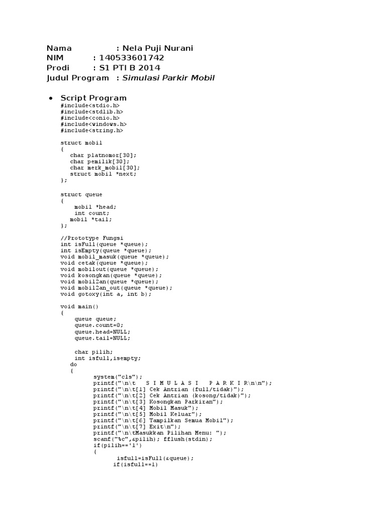 Simulasi Parkir Mobil C Program | PDF