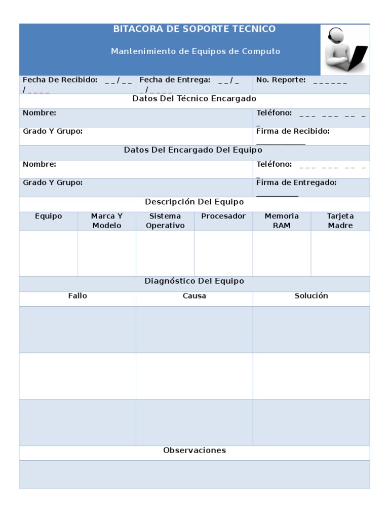 Formato Para Bitacora de Soporte Técnico