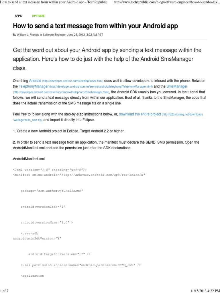 How To Send A Text Message From Within Your Android App - TechRepublic ...