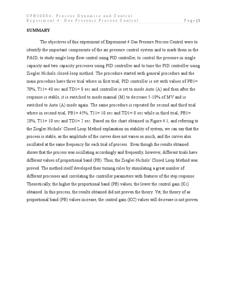 CPB30004 Process Dynamics and Control Experiment 4 Gas Pressure