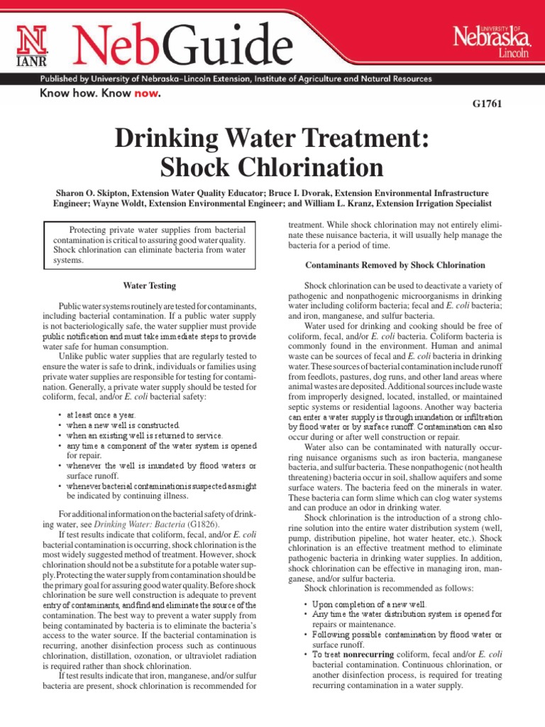Drinking Water Treatment Shock Chlorination PDF Bleach Chlorine