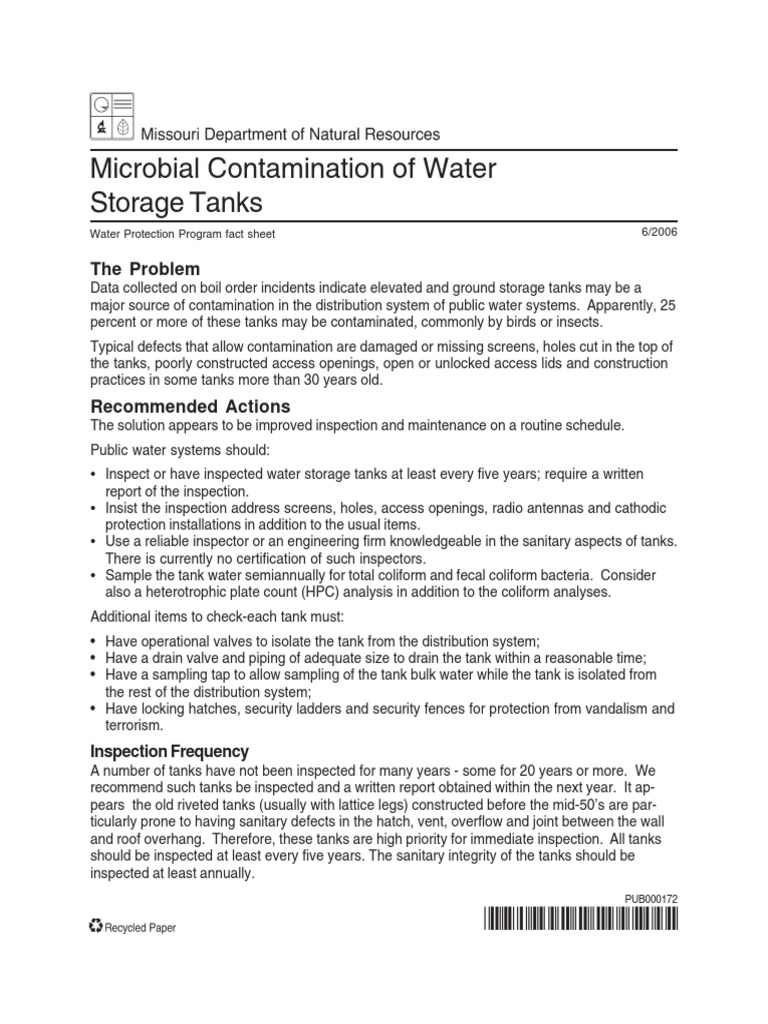 Microbial Contamination of Water Storage Tanks: The Problem | PDF ...