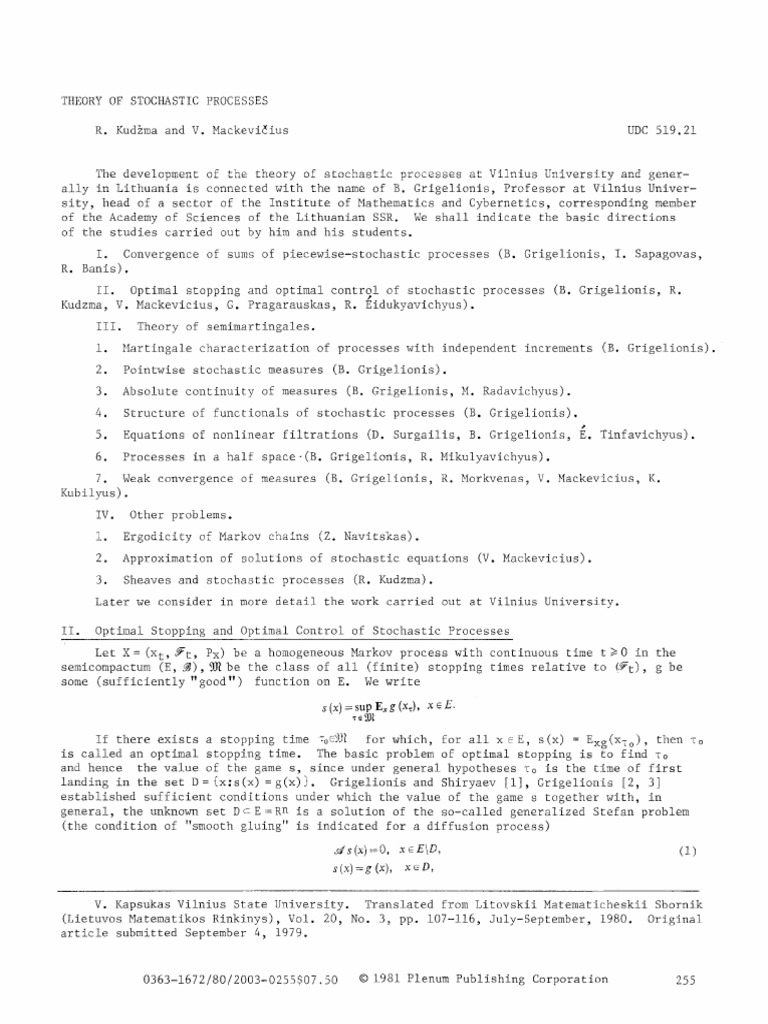 Optimal Stopping in Stochastic Processes | PDF | Stochastic Process ...