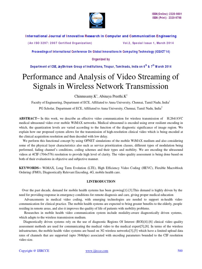Performance and Analysis of Video Streaming of Signals in Wireless ...
