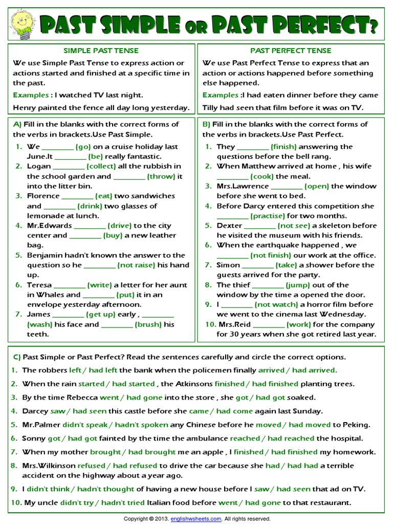 Simple Past Or Past Perfect Tense Grammar Exercises Worksheet PDF PDF Perfect Grammar
