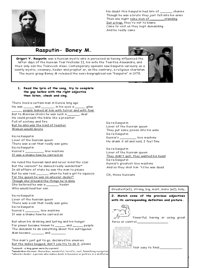 Rasputin Boney M Worksheet Adjectives