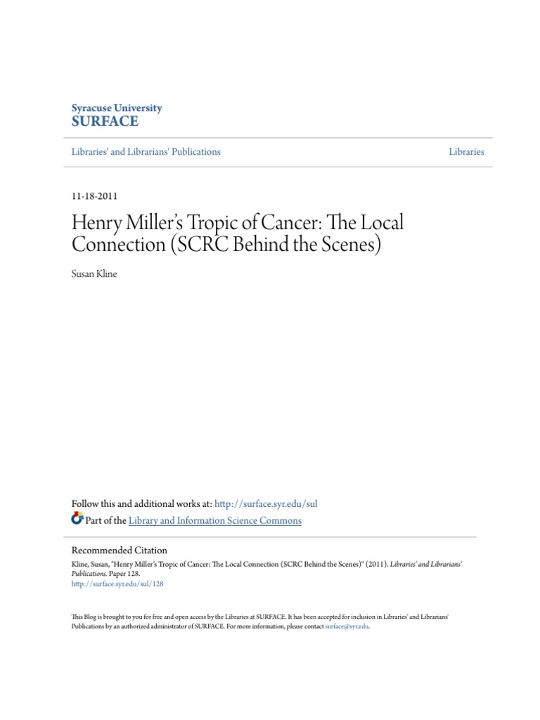 Henry Miller S Tropic Of Cancer The Local Connection Scrc Behind The Scenes Library And Museum Fiction Literature