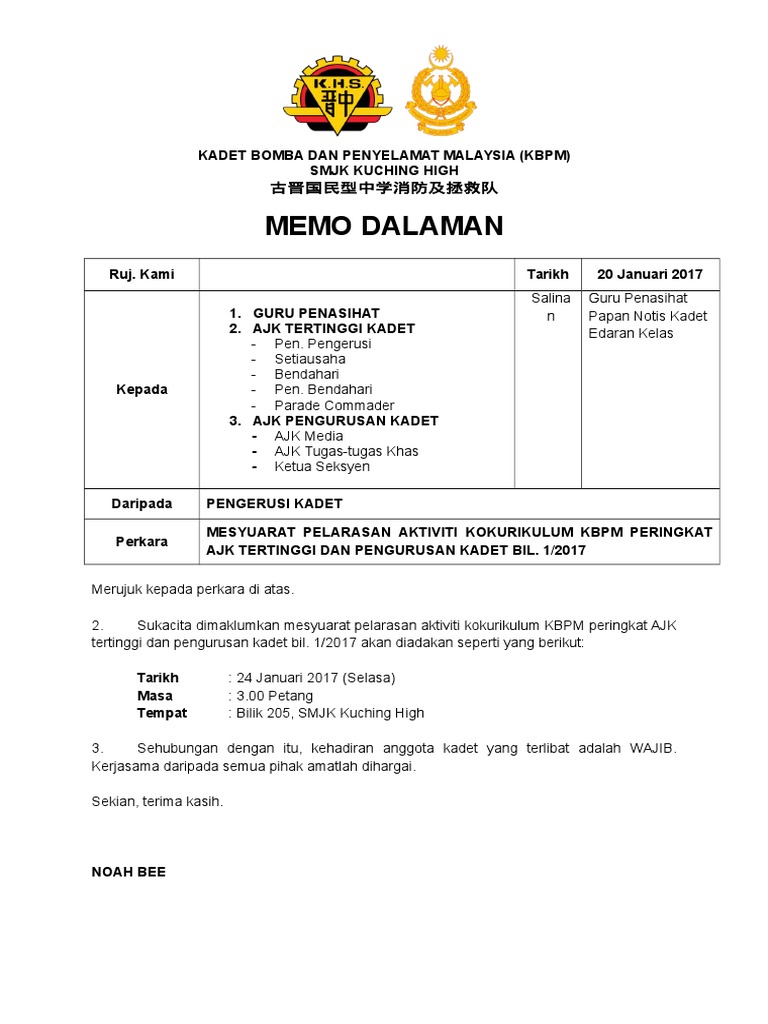 Contoh Memo Rasmi Perjumpaan Kokurikulum Pdf