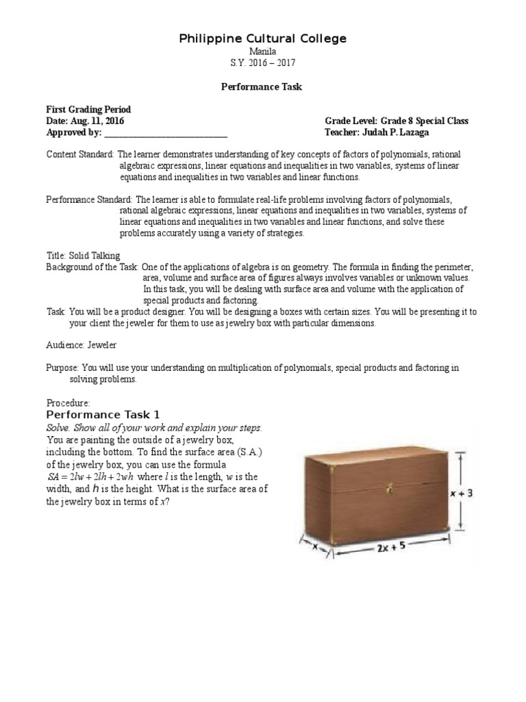 Grade 8 Math Performance Task: Algebra | PDF | Variable (Mathematics ...