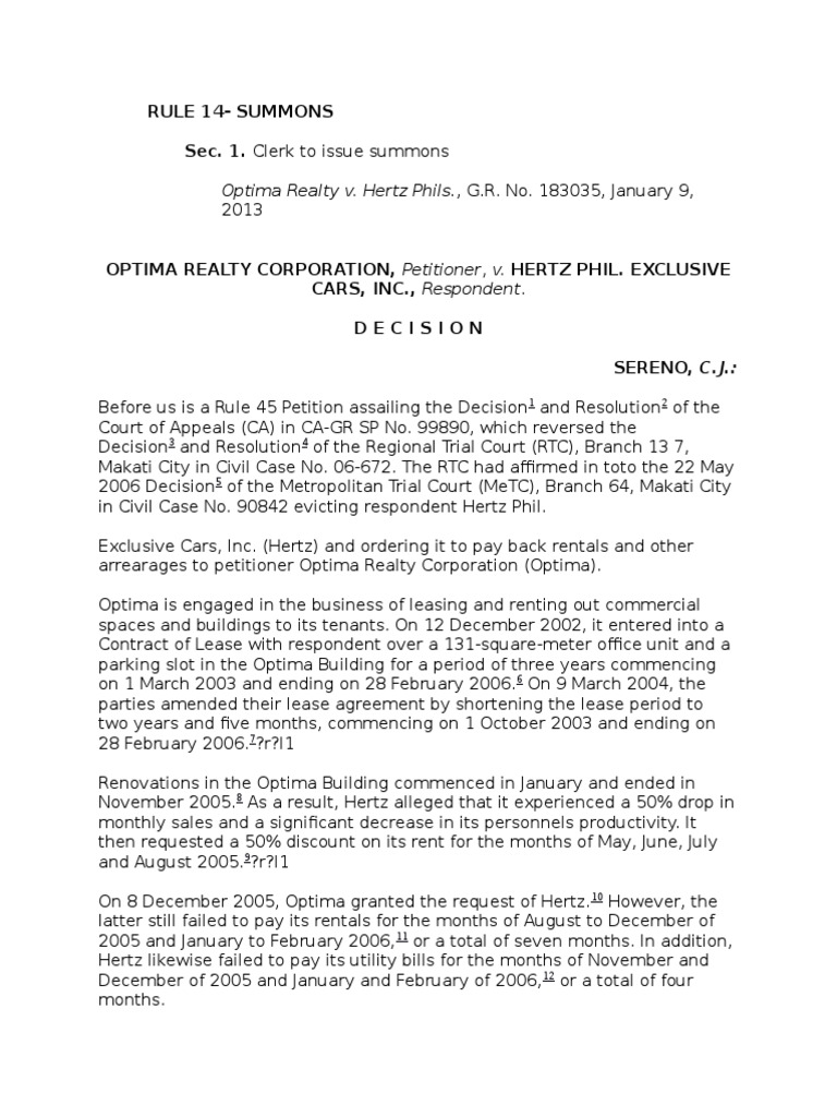 CIVIL PROCEDURE Rule 14 SUMMONS CASES AND PRINCIPLES PDF Service