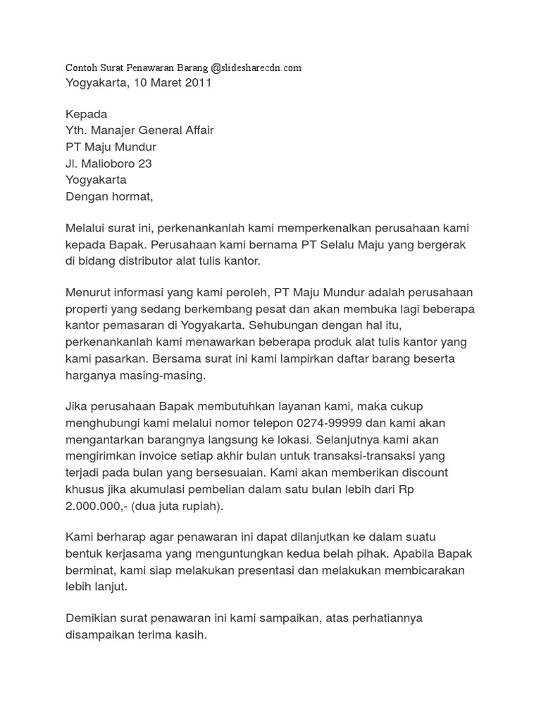 Contoh Surat Penawaran Barang Jasa