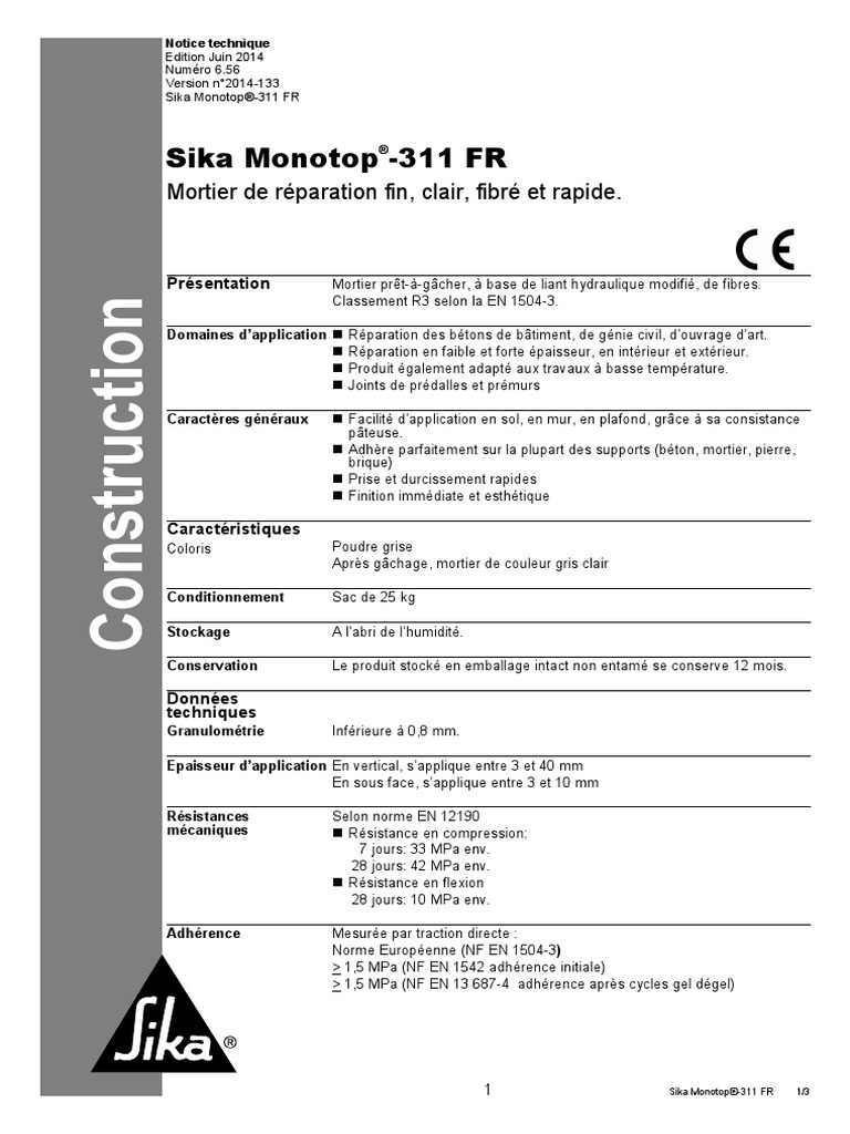 Mortier de Réparation SIKA MONOTOP 311 FR Fiche Technique Mortier