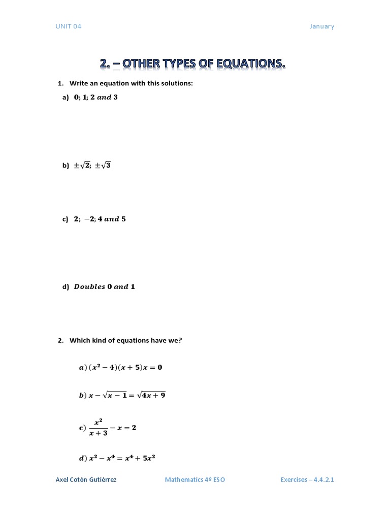 Math Exercises for 4th ESO Unit 04 | PDF | Equations | Analysis