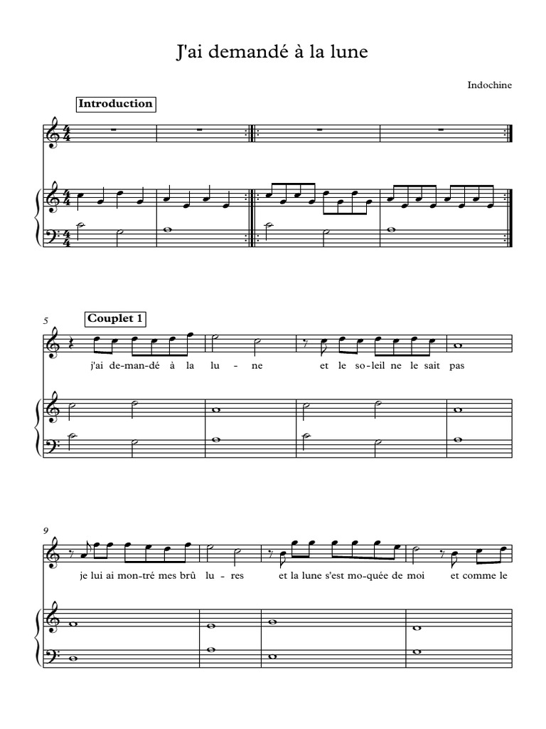 Partition Piano Gratuite J ai Demandé à La Lune Indochine J'ai Demandé À La Lune - Flûte & Piano | PDF | Loisirs | Divertissement  (Général)