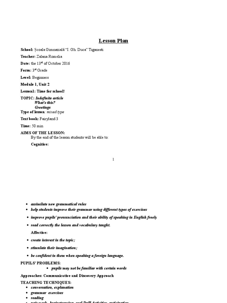 3rd Grade Lesson Plan: Indefinite Article | PDF | Reading Comprehension ...